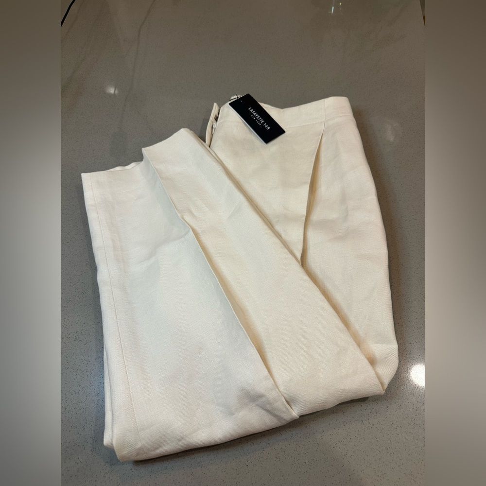 BRAND NEW WITH TAG! Lafayette 148 New York Cream Raffia Linen Women Pants Size 4